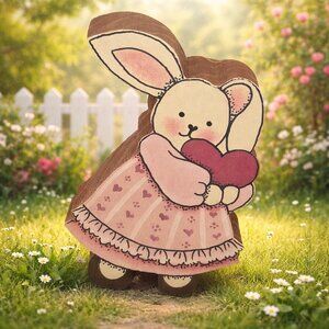 3" Pink Bunny Rabbit Cutout Figurine Folk Art Cottage Core Painted Wood Vtg